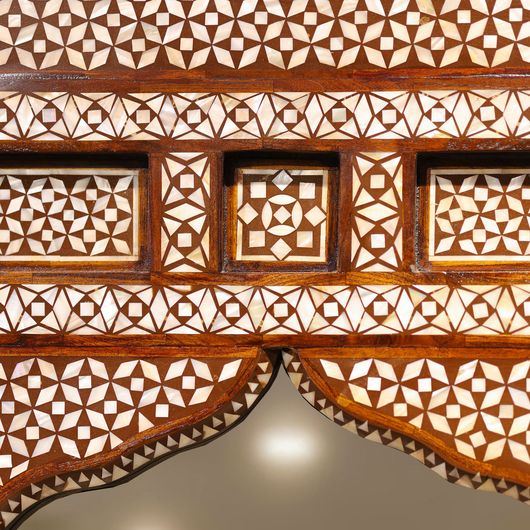 Handcrafted Moroccan Mother of Pearl Inlay Wooden Wall Mirror with Scalloped Arch
