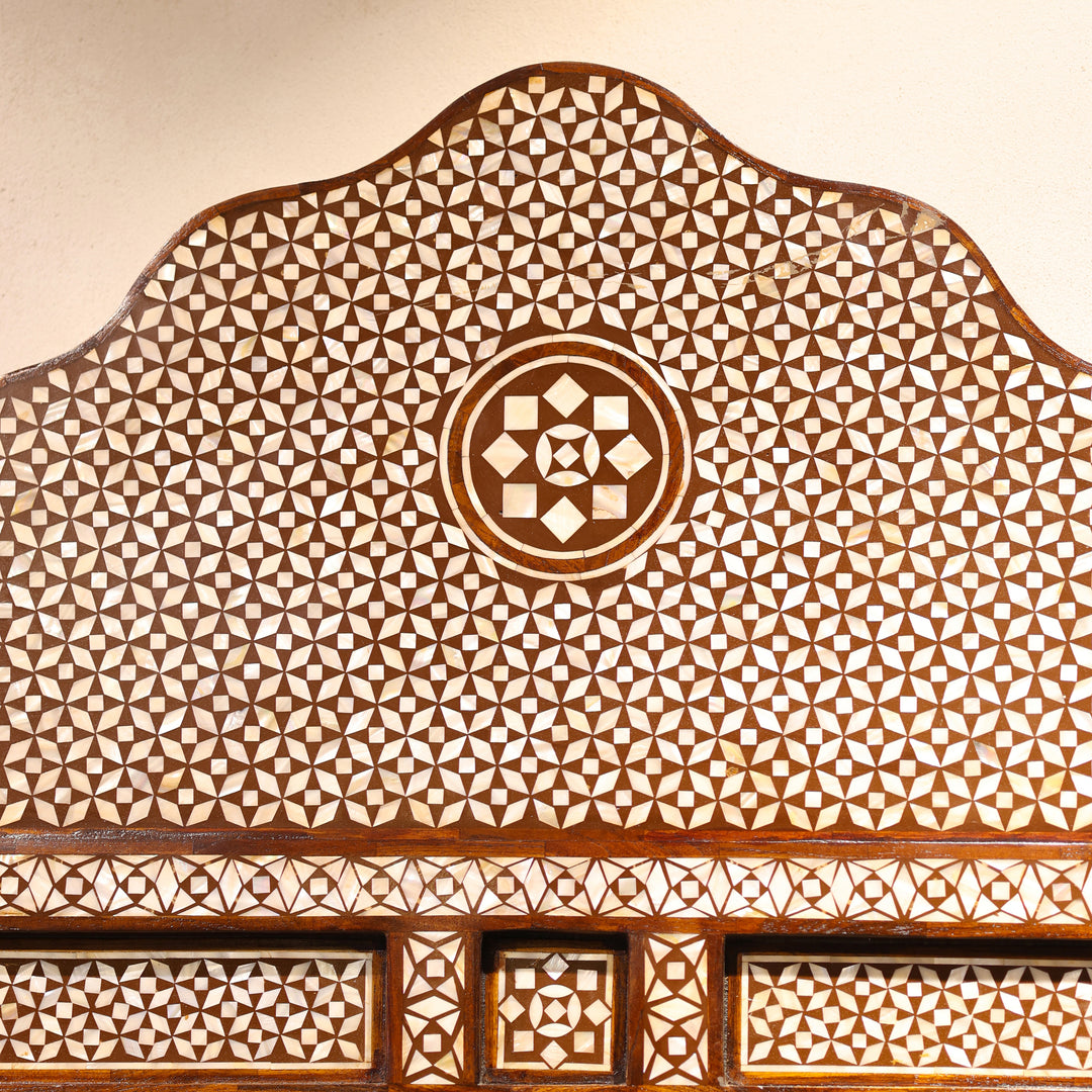 Handcrafted Moroccan Mother of Pearl Inlay Wooden Wall Mirror with Scalloped Arch
