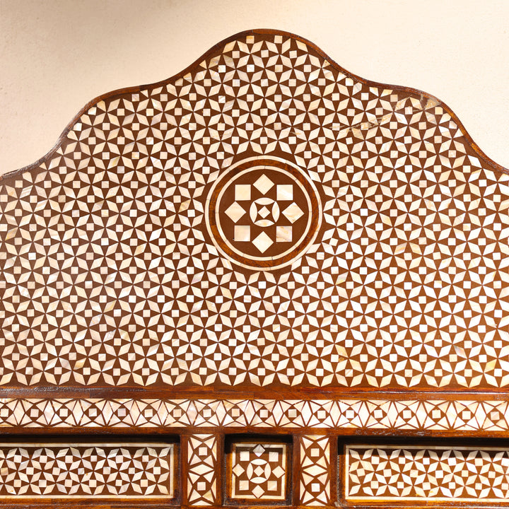 Handcrafted Moroccan Mother of Pearl Inlay Wooden Wall Mirror with Scalloped Arch