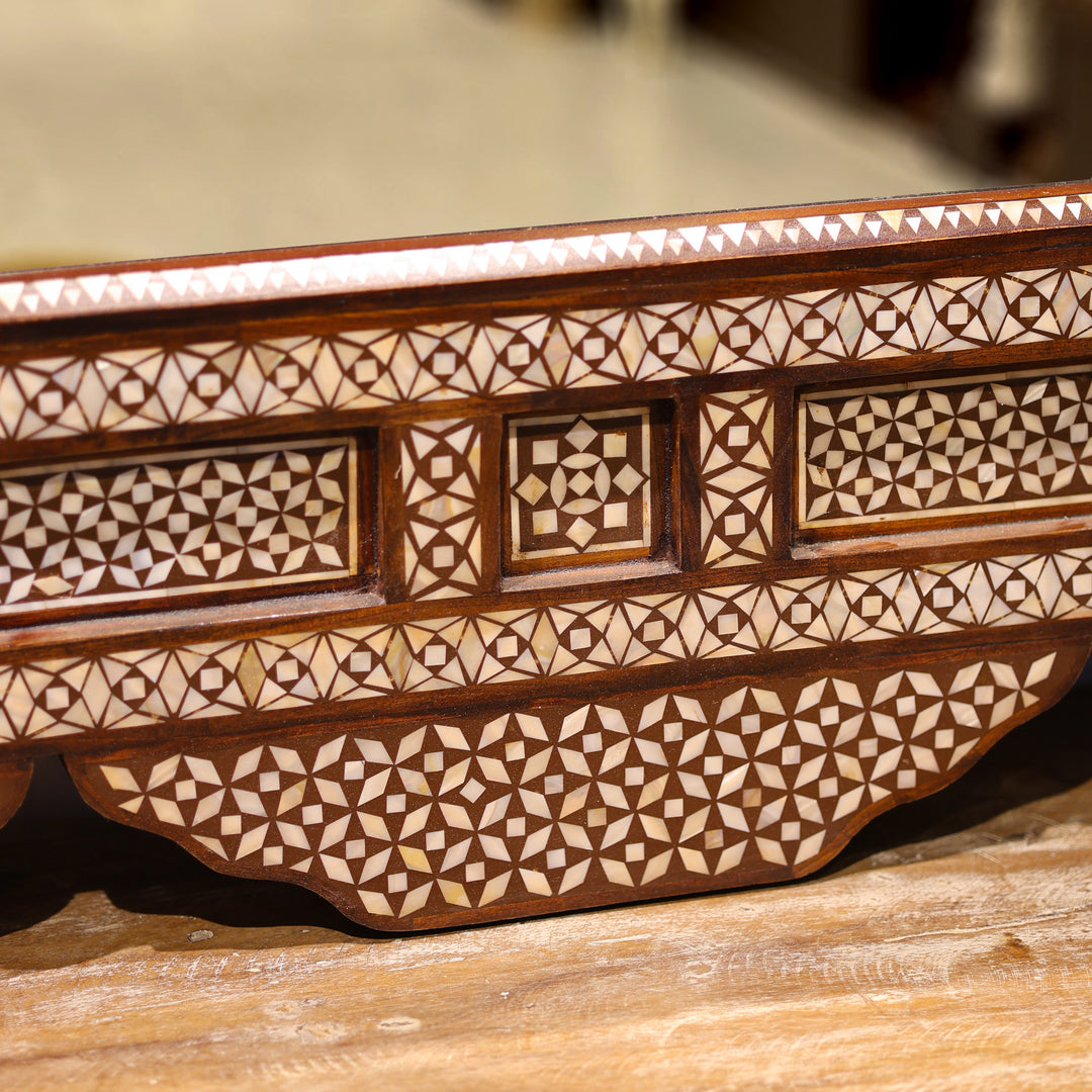 Handcrafted Moroccan Mother of Pearl Inlay Wooden Wall Mirror with Scalloped Arch