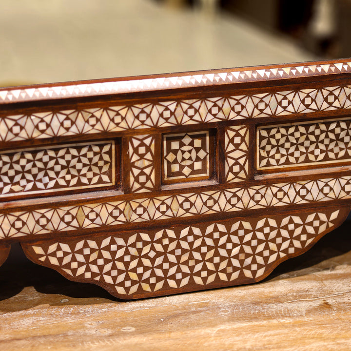 Handcrafted Moroccan Mother of Pearl Inlay Wooden Wall Mirror with Scalloped Arch