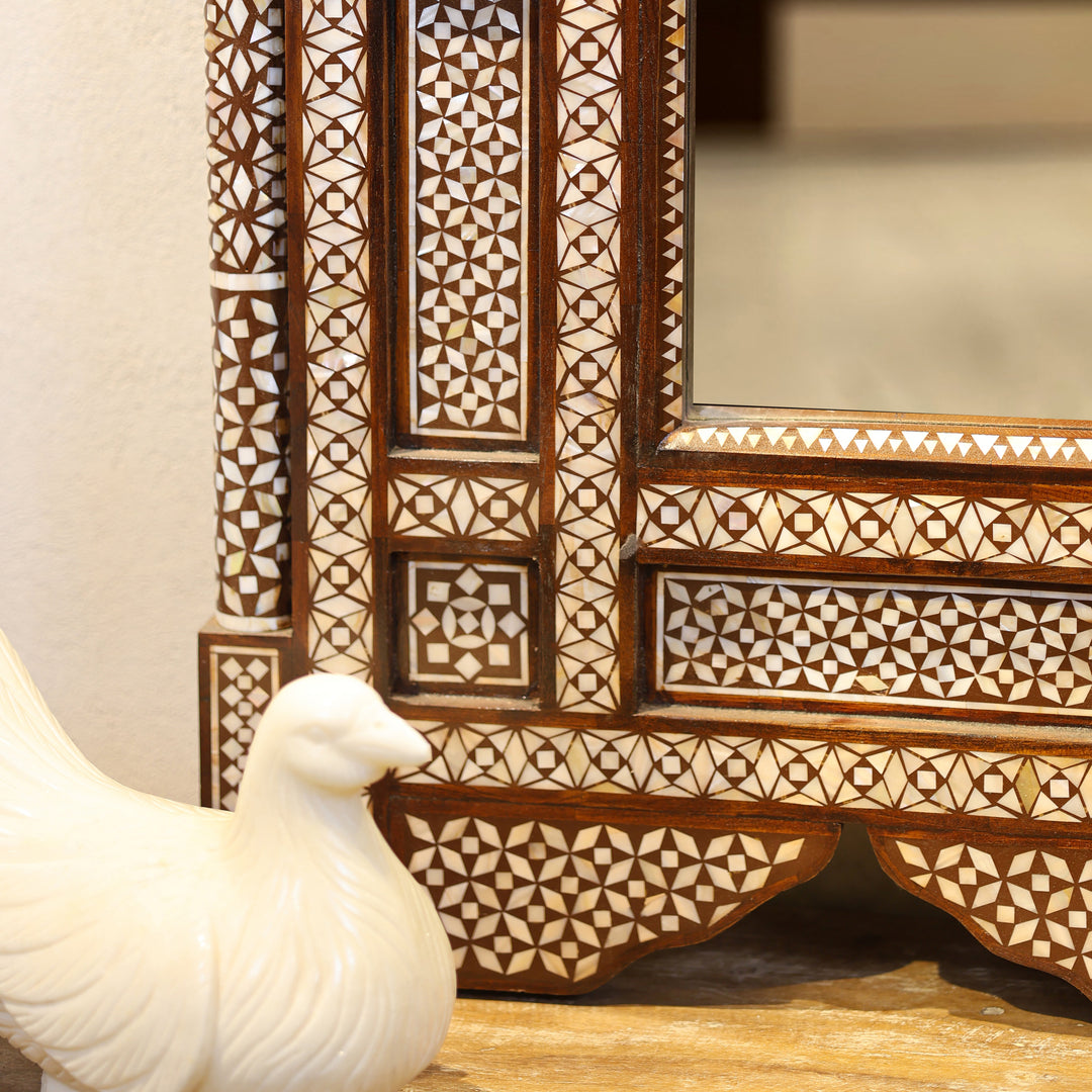Handcrafted Moroccan Mother of Pearl Inlay Wooden Wall Mirror with Scalloped Arch