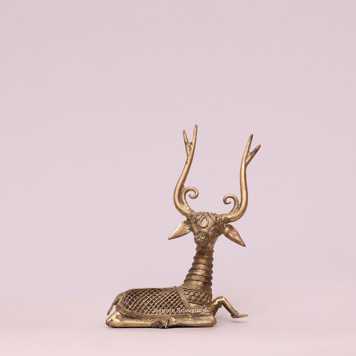 Handcrafted Dhokra Brass Sitting Deer Sculpture With Antique Golden Finish