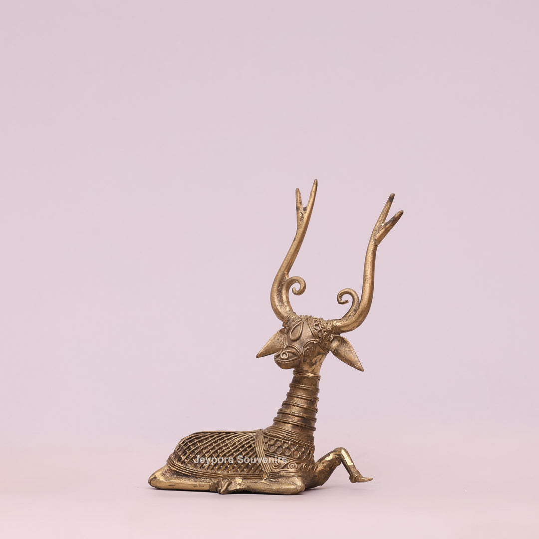Handcrafted Dhokra Brass Sitting Deer Sculpture With Antique Golden Finish