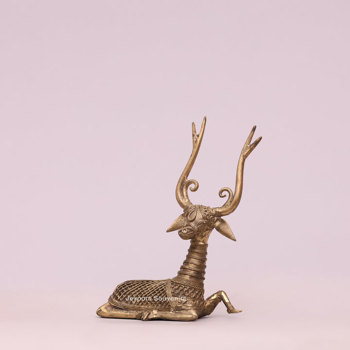 Handcrafted Dhokra Brass Sitting Deer Sculpture With Antique Golden Finish