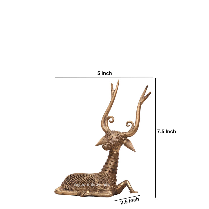 Handcrafted Dhokra Brass Sitting Deer Sculpture With Antique Golden Finish