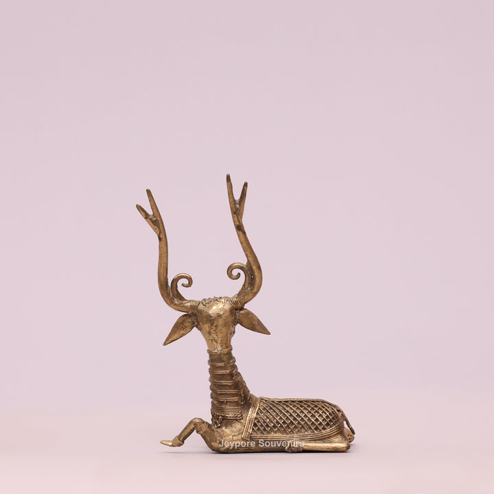 Handcrafted Dhokra Brass Sitting Deer Sculpture With Antique Golden Finish