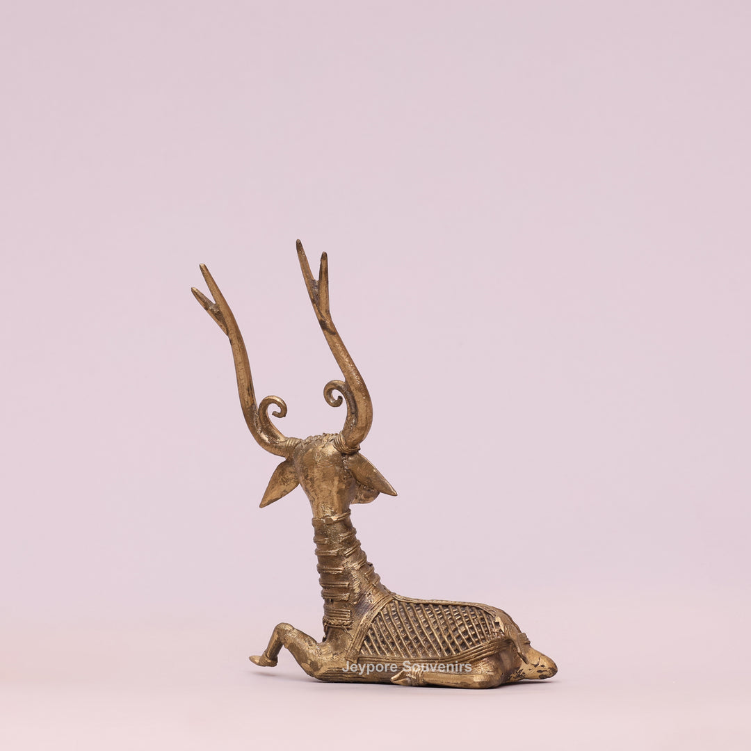 Handcrafted Dhokra Brass Sitting Deer Sculpture With Antique Golden Finish