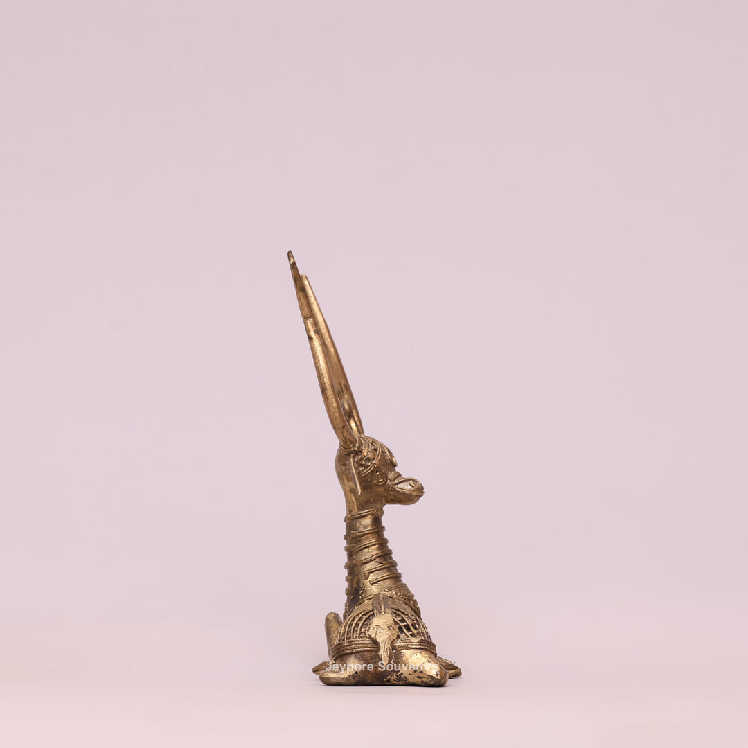 Handcrafted Dhokra Brass Sitting Deer Sculpture With Antique Golden Finish