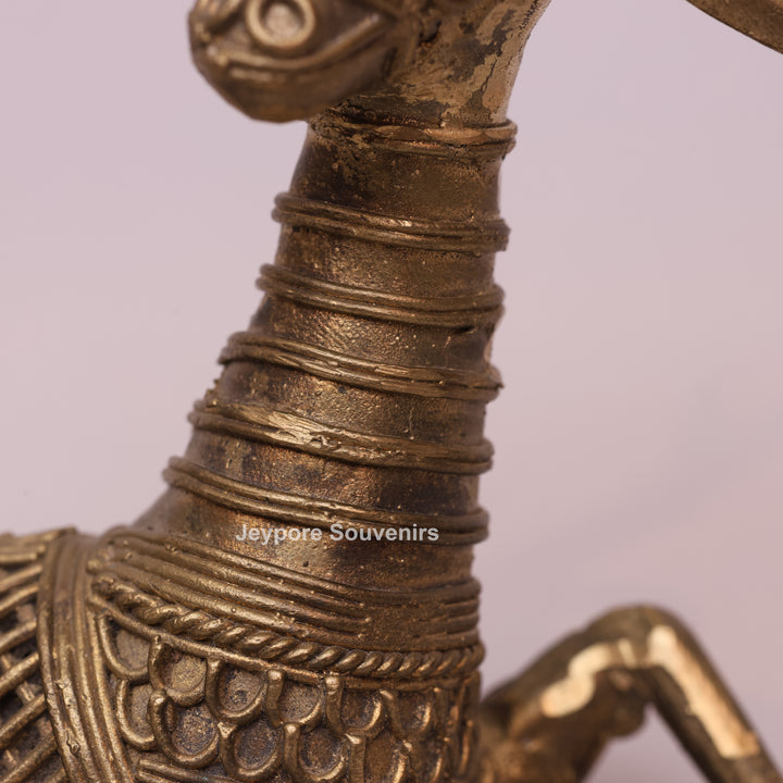Handcrafted Dhokra Brass Sitting Deer Sculpture With Antique Golden Finish