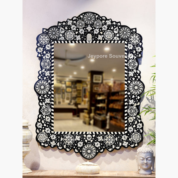 Handcrafted Black Bone Inlay Floral Wooden Wall Mirror
