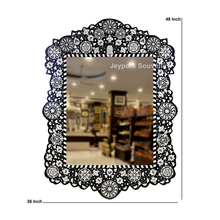 Handcrafted Black Bone Inlay Floral Wooden Wall Mirror