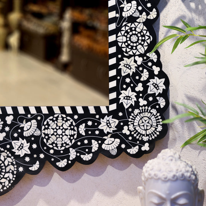 Handcrafted Black Bone Inlay Floral Wooden Wall Mirror