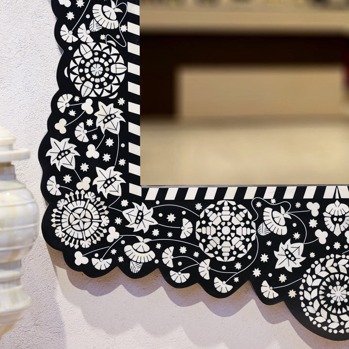 Handcrafted Black Bone Inlay Floral Wooden Wall Mirror