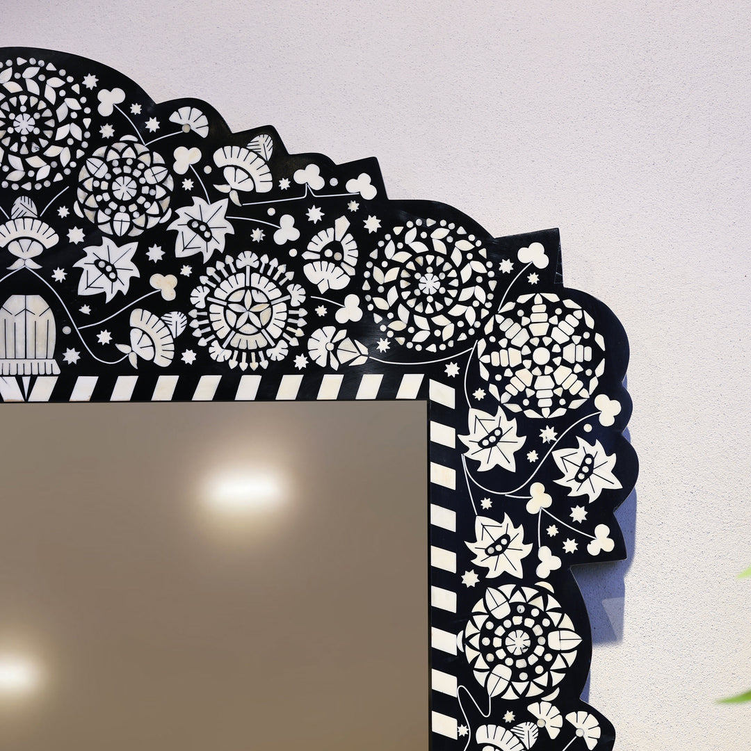 Handcrafted Black Bone Inlay Floral Wooden Wall Mirror
