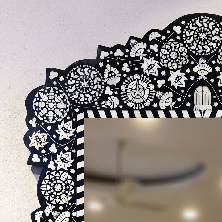 Handcrafted Black Bone Inlay Floral Wooden Wall Mirror