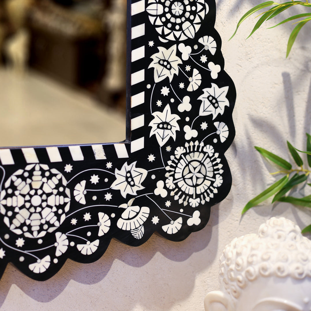Handcrafted Black Bone Inlay Floral Wooden Wall Mirror
