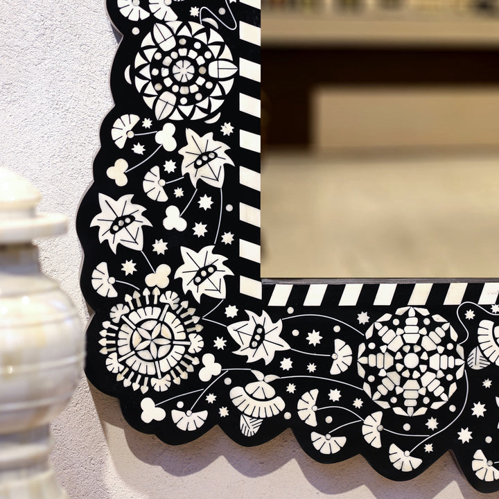 Handcrafted Black Bone Inlay Floral Wooden Wall Mirror