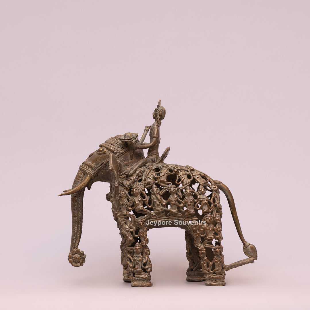Handcrafted Bastar Dhokra Brass Elephant Statue with Rider