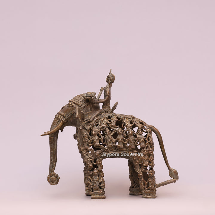 Handcrafted Bastar Dhokra Brass Elephant Statue with Rider