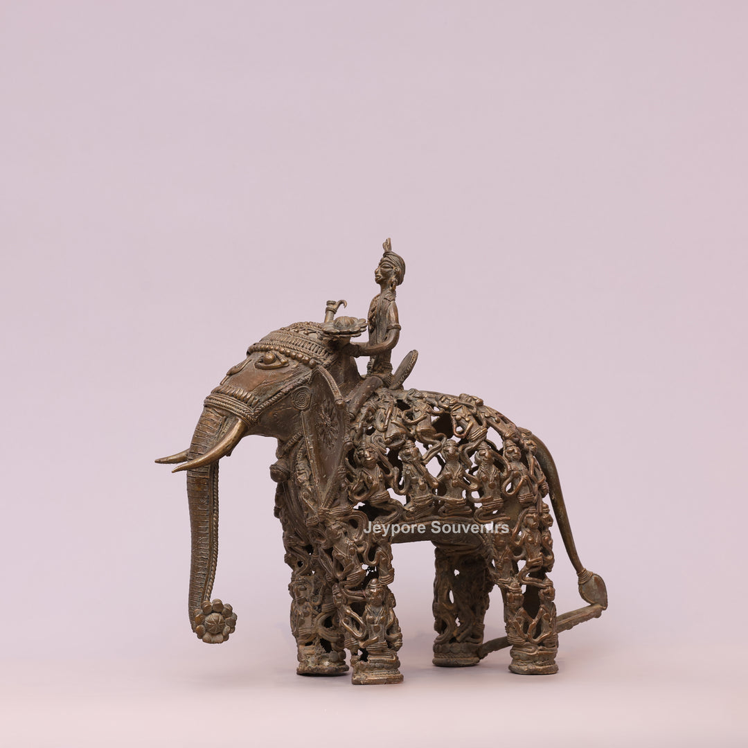 Handcrafted Bastar Dhokra Brass Elephant Statue with Rider