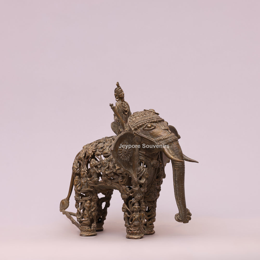 Handcrafted Bastar Dhokra Brass Elephant Statue with Rider