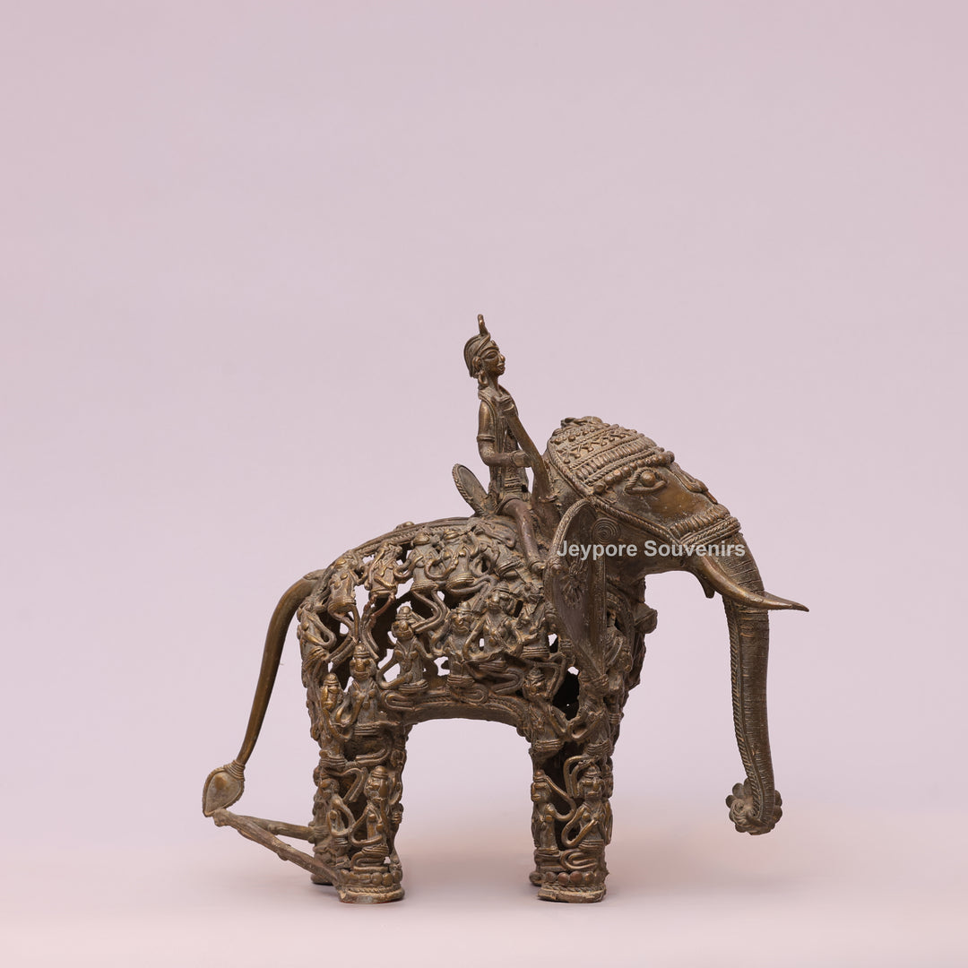Handcrafted Bastar Dhokra Brass Elephant Statue with Rider