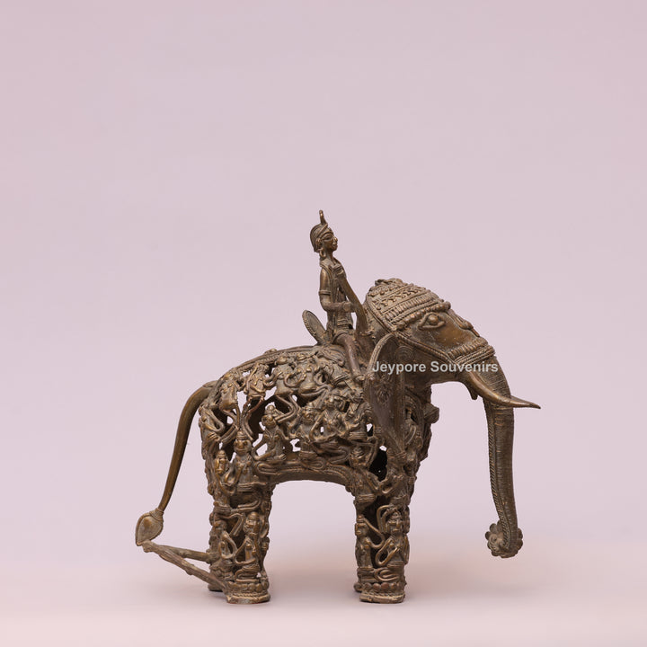 Handcrafted Bastar Dhokra Brass Elephant Statue with Rider