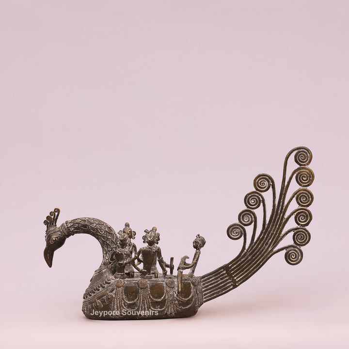 Handcrafted Bastar Dhokra Brass Peacock Boat with Tribal Figures
