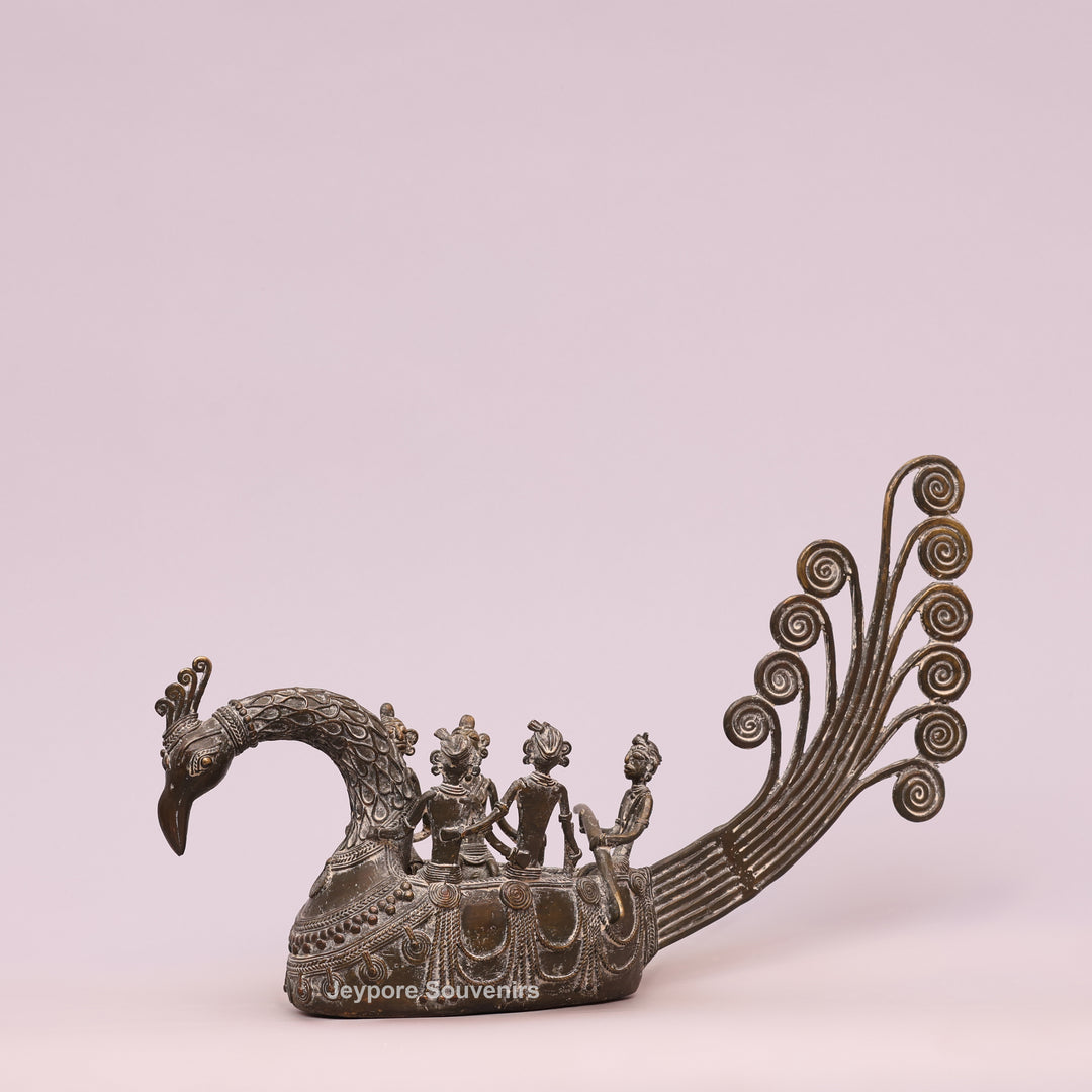 Handcrafted Bastar Dhokra Brass Peacock Boat with Tribal Figures