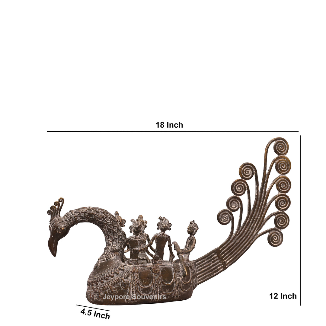 Handcrafted Bastar Dhokra Brass Peacock Boat with Tribal Figures