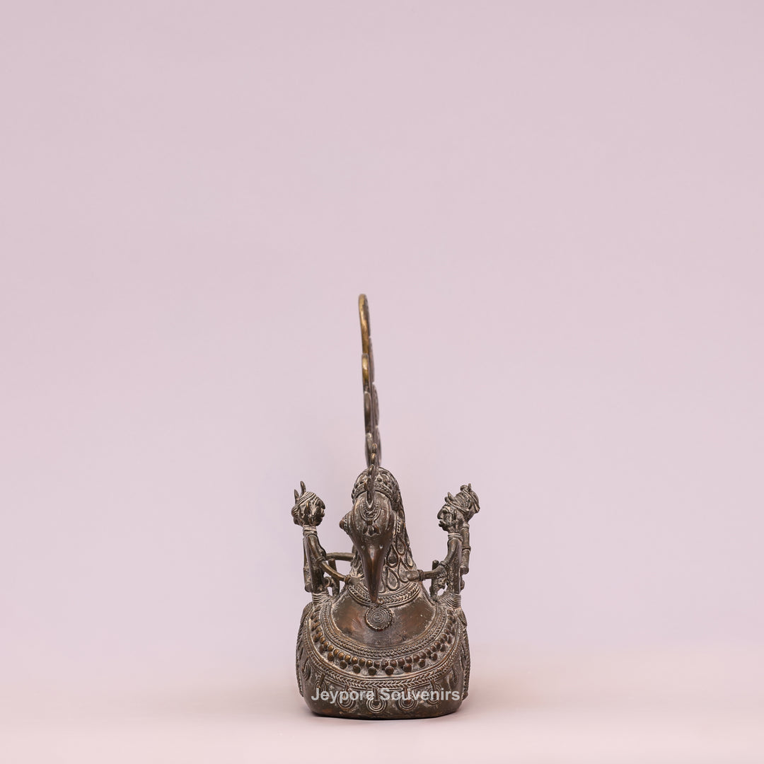 Handcrafted Bastar Dhokra Brass Peacock Boat with Tribal Figures