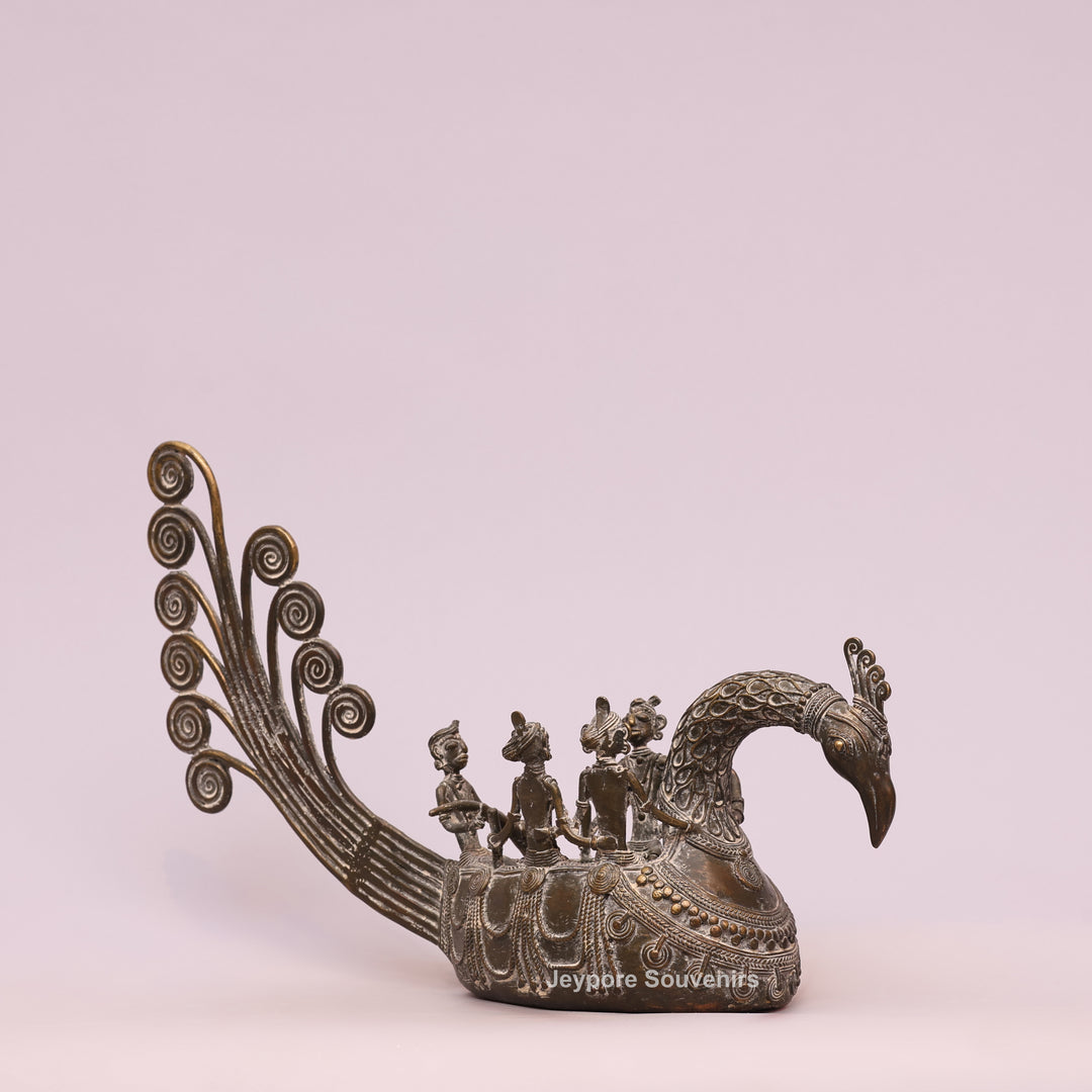 Handcrafted Bastar Dhokra Brass Peacock Boat with Tribal Figures