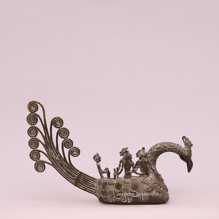 Handcrafted Bastar Dhokra Brass Peacock Boat with Tribal Figures