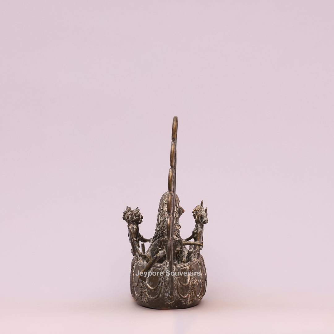 Handcrafted Bastar Dhokra Brass Peacock Boat with Tribal Figures