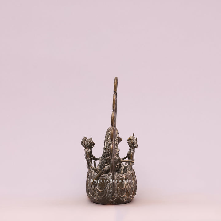 Handcrafted Bastar Dhokra Brass Peacock Boat with Tribal Figures