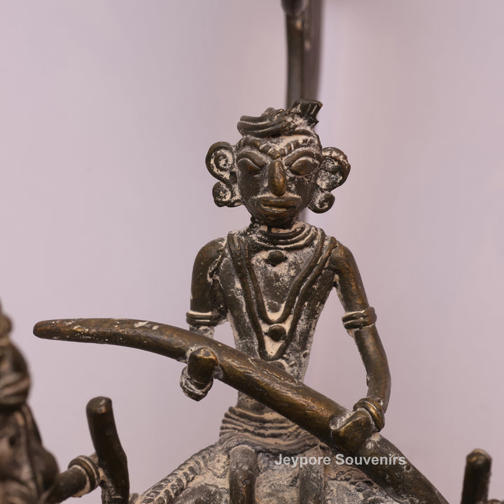 Handcrafted Bastar Dhokra Brass Peacock Boat with Tribal Figures