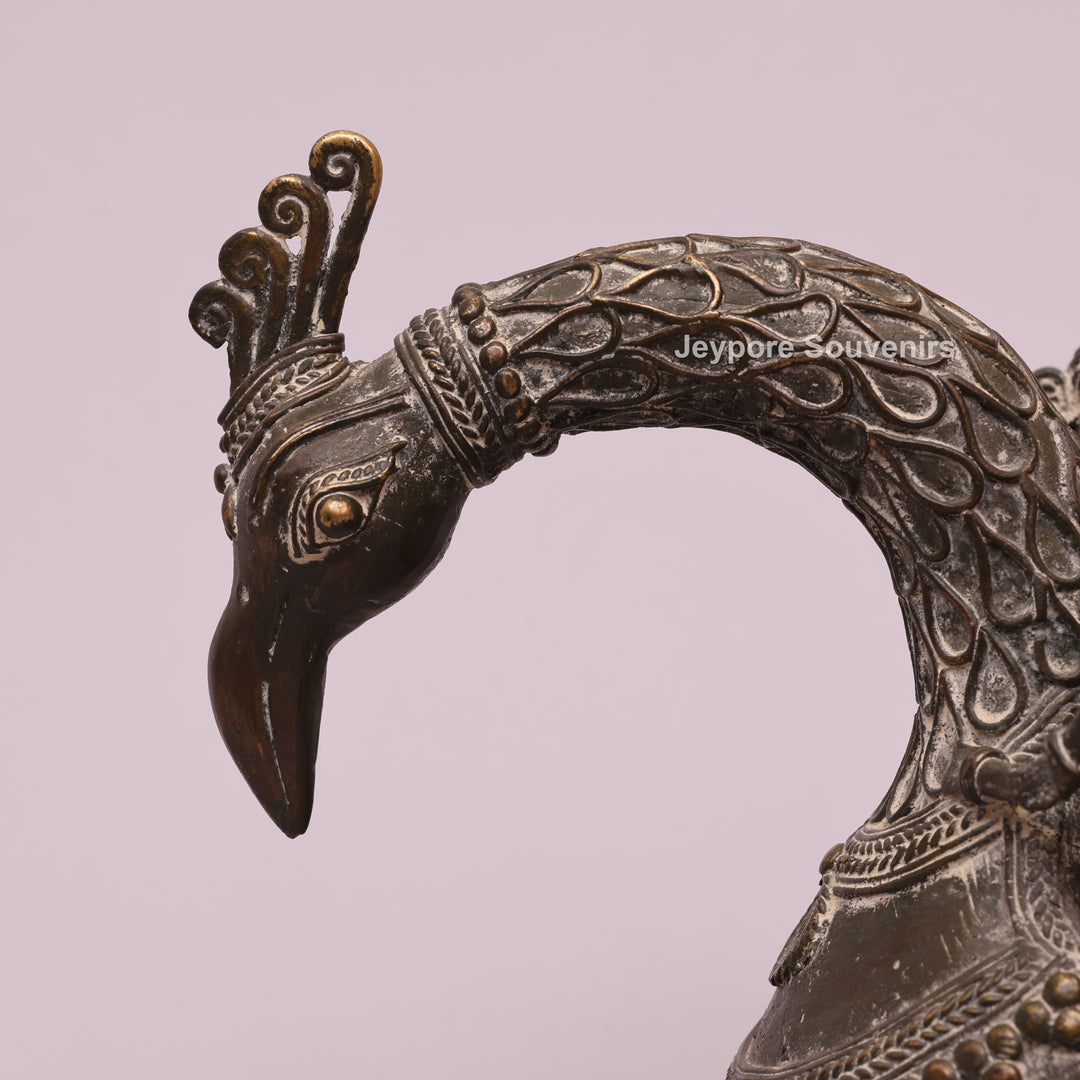Handcrafted Bastar Dhokra Brass Peacock Boat with Tribal Figures