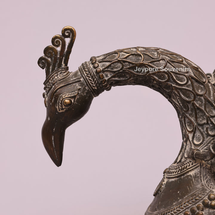 Handcrafted Bastar Dhokra Brass Peacock Boat with Tribal Figures