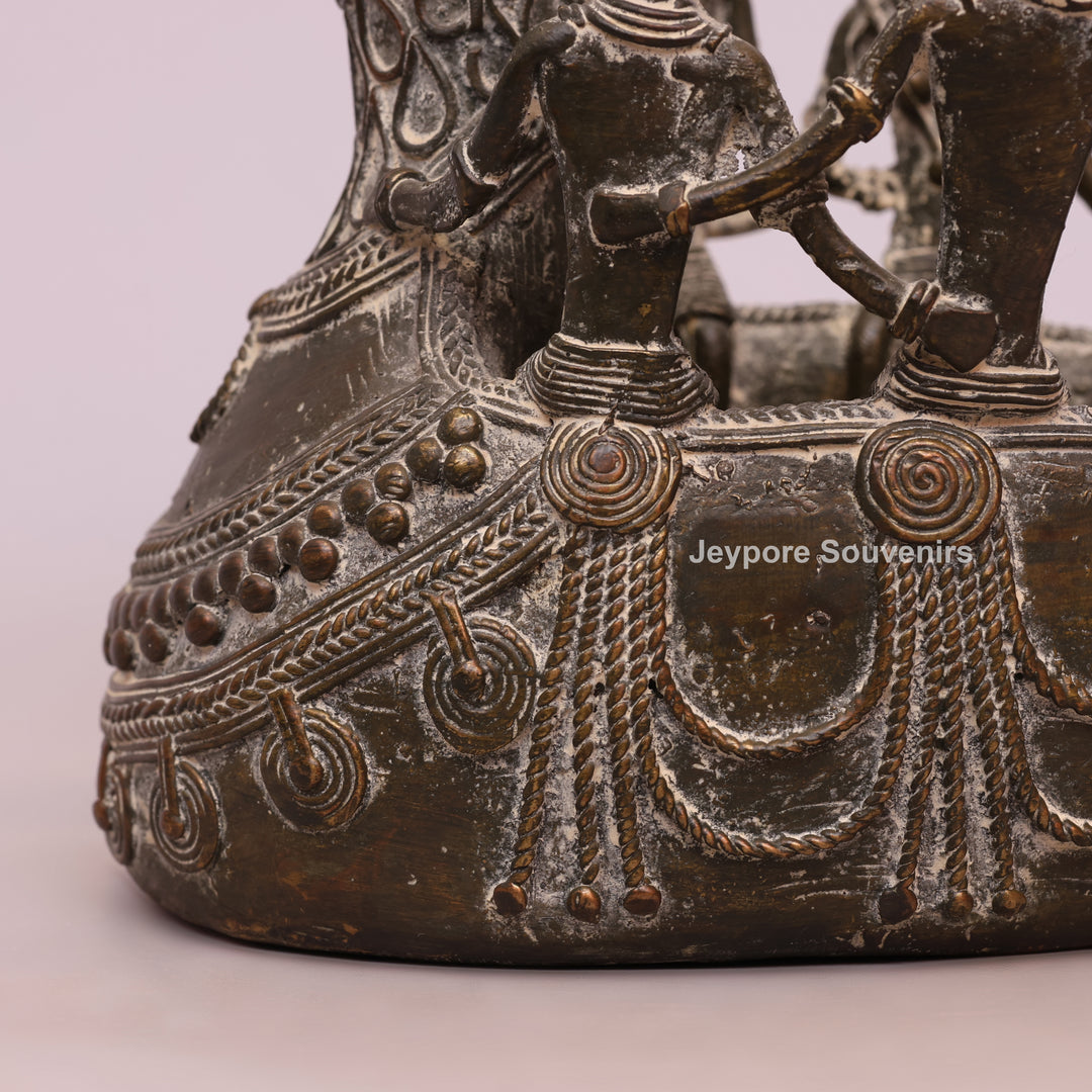 Handcrafted Bastar Dhokra Brass Peacock Boat with Tribal Figures