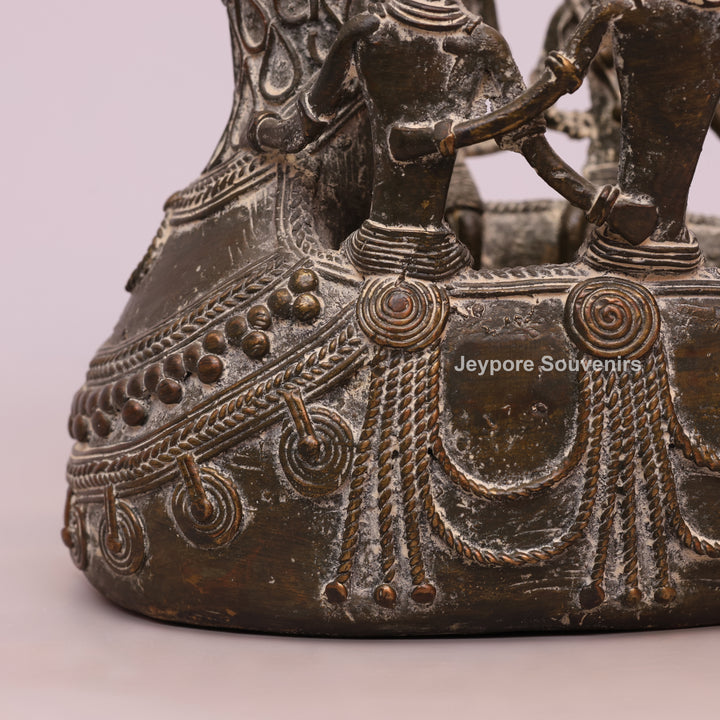 Handcrafted Bastar Dhokra Brass Peacock Boat with Tribal Figures