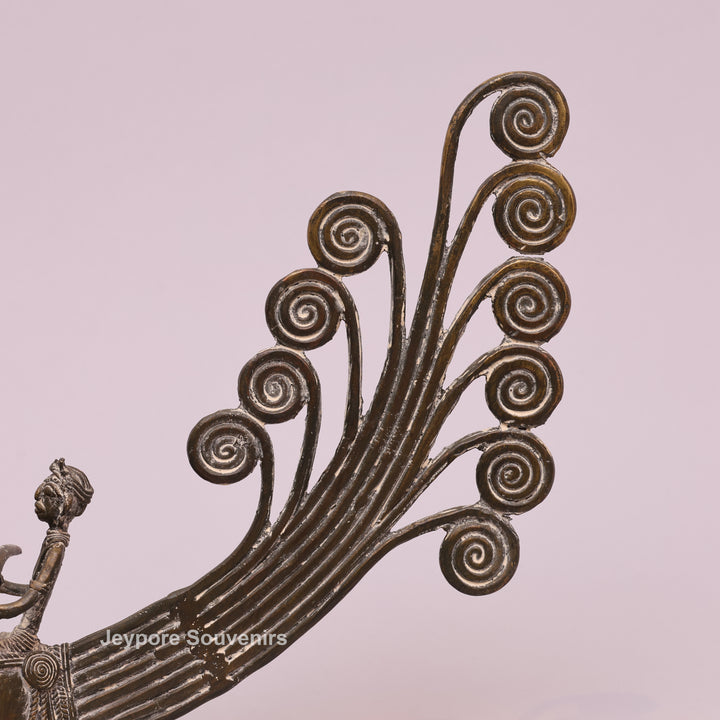 Handcrafted Bastar Dhokra Brass Peacock Boat with Tribal Figures