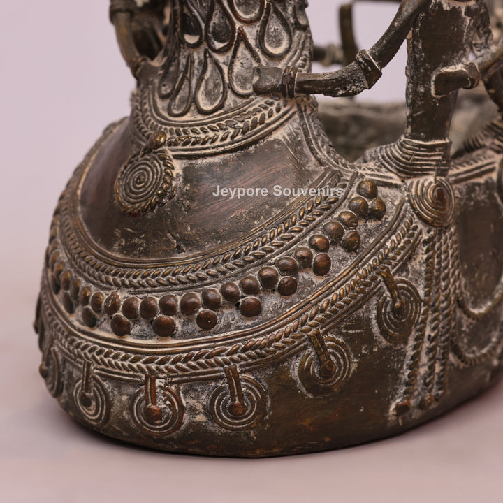 Handcrafted Bastar Dhokra Brass Peacock Boat with Tribal Figures