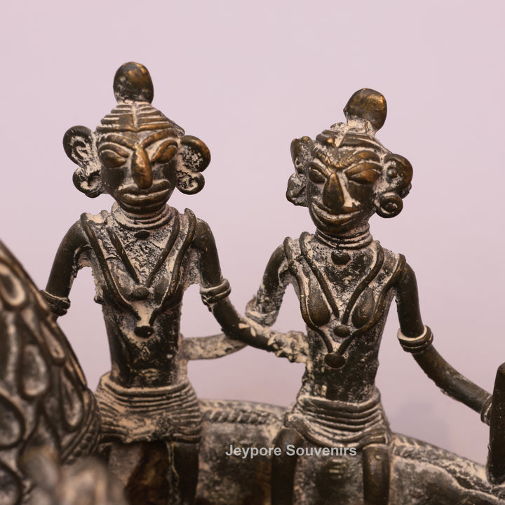 Handcrafted Bastar Dhokra Brass Peacock Boat with Tribal Figures