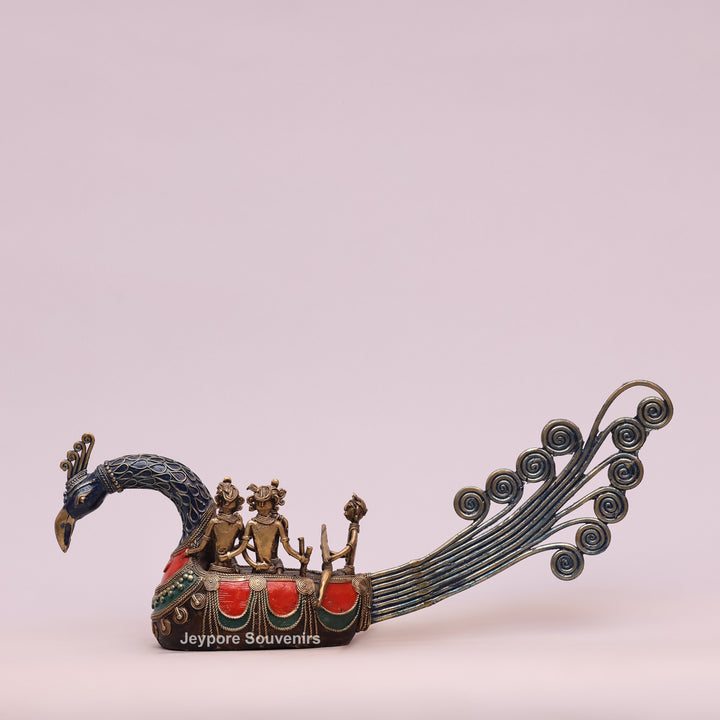 Handcrafted Bastar Dhokra Brass Peacock Boat Sculpture