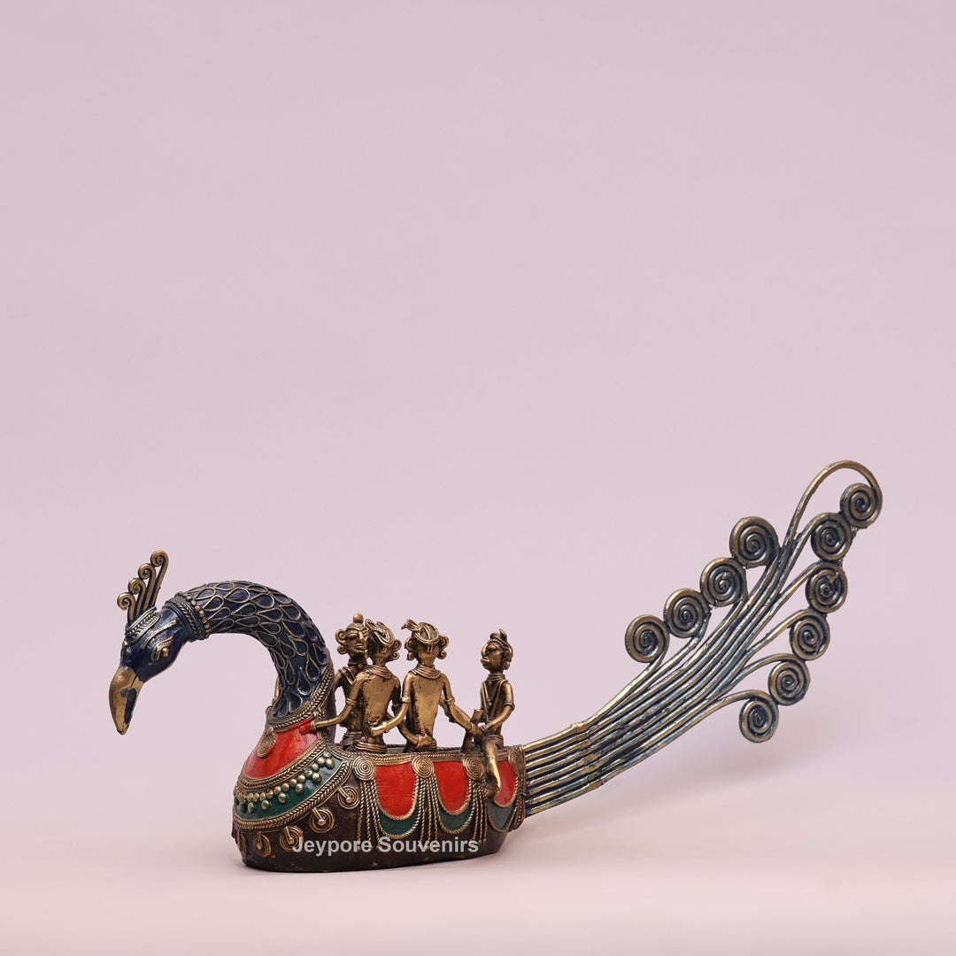 Handcrafted Bastar Dhokra Brass Peacock Boat Sculpture