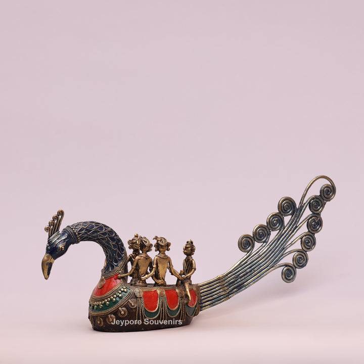 Handcrafted Bastar Dhokra Brass Peacock Boat Sculpture