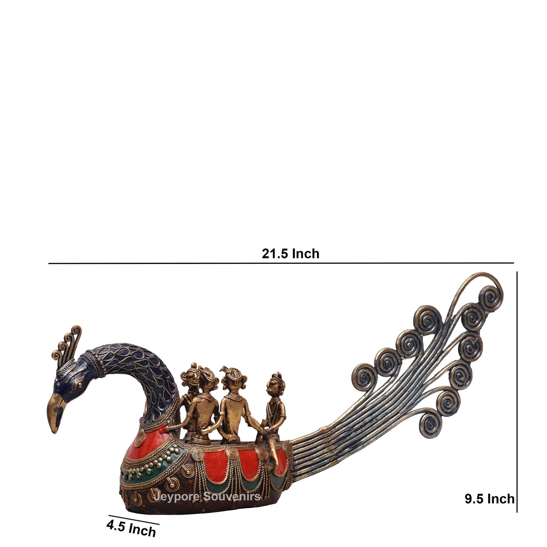 Handcrafted Bastar Dhokra Brass Peacock Boat Sculpture