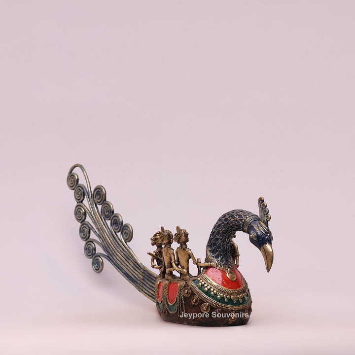 Handcrafted Bastar Dhokra Brass Peacock Boat Sculpture