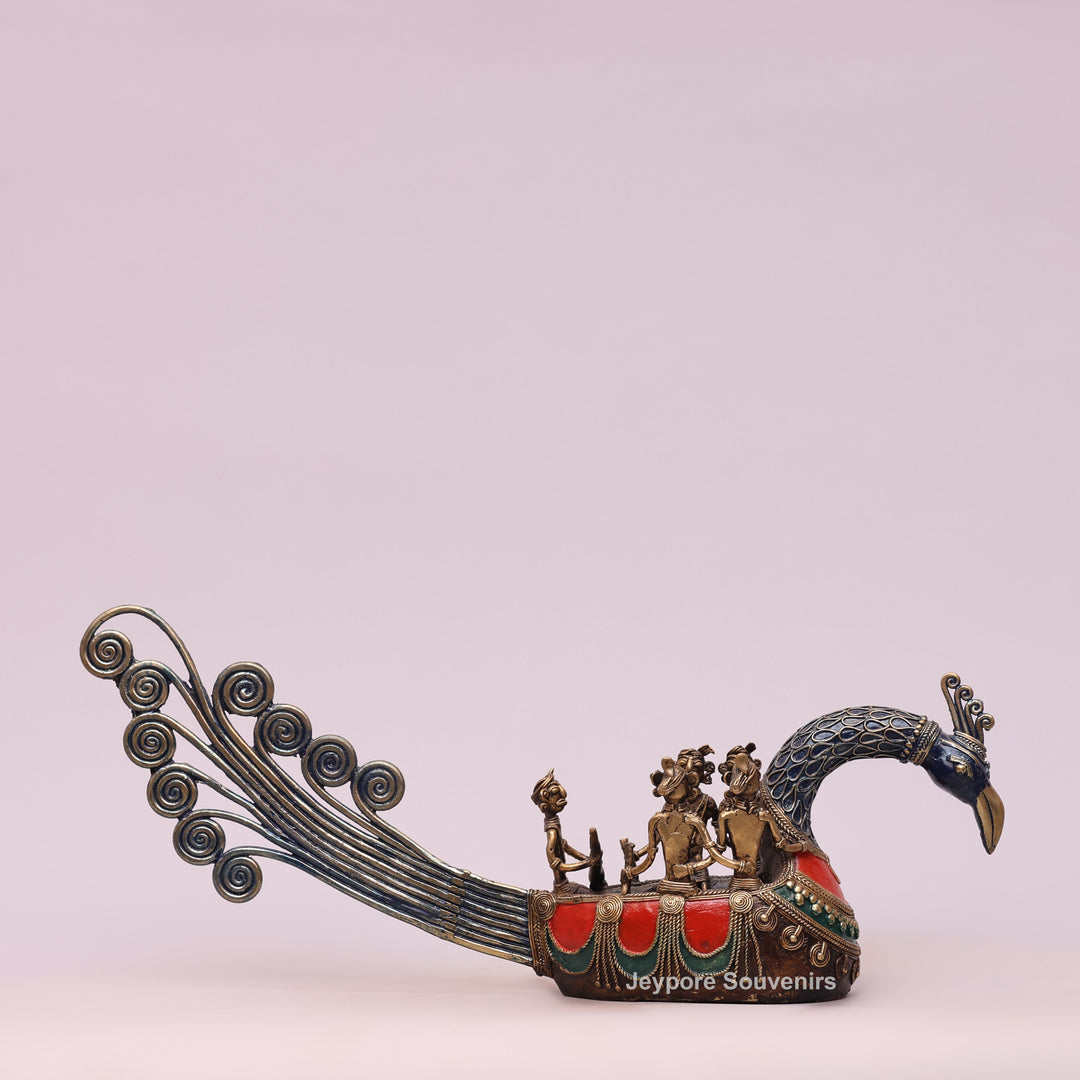 Handcrafted Bastar Dhokra Brass Peacock Boat Sculpture